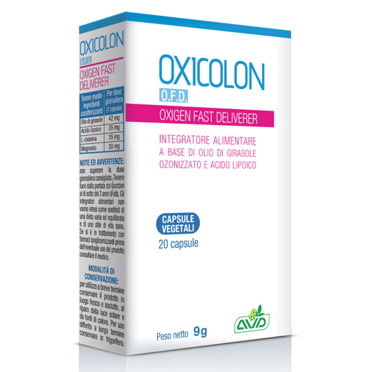 Integratore Oxicolon O.F.D. AVD Reform con olio ozonizzato per il benessere intestinale.