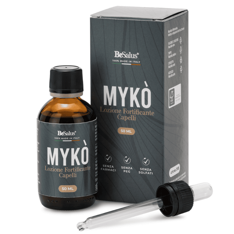 Lozione anticaduta naturale MYKÒ 50 ml, trattamento rinforzante capelli fini e fragili per uomo e donna.