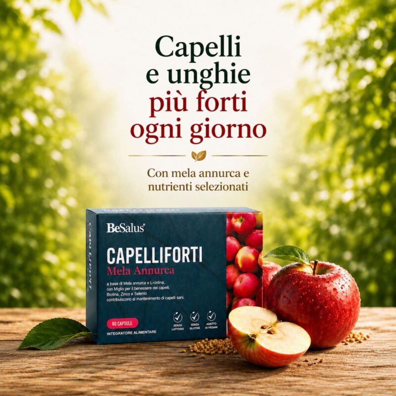 BeSalus Capelliforti Mela Annurca integratore capelli e unghie con mela annurca confezione prodotto e mela fresca su sfondo naturale