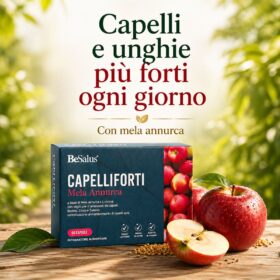 BeSalus Capelliforti Mela Annurca integratore capelli e unghie con mela annurca confezione prodotto e mela fresca su sfondo naturale