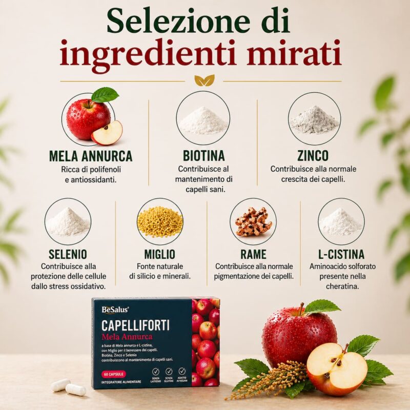 ingredienti mela annurca biotina zinco selenio miglio rame l cistina integratore capelli unghie BeSalus formula