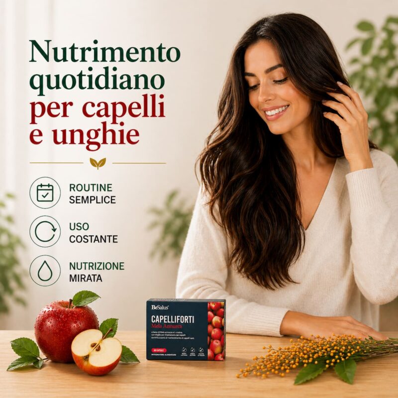 BeSalus Capelliforti mela annurca nutrimento quotidiano capelli e unghie donna capelli sani routine semplice