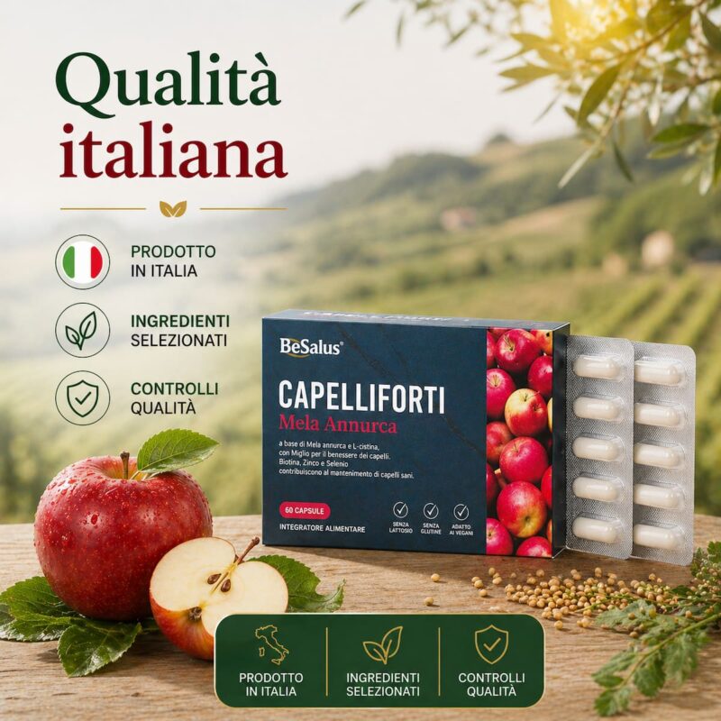 qualita italiana integratore mela annurca BeSalus prodotto in Italia ingredienti selezionati controlli qualita capelli unghie