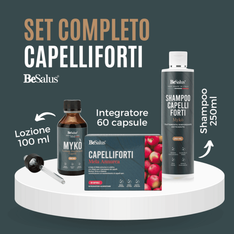 Set Besalus Capelli Forti con shampoo anticaduta, lozione rinforzante e integratore alla mela annurca per rinforzare e nutrire i capelli