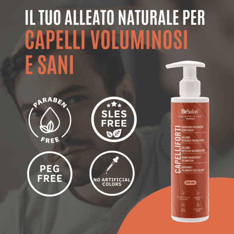 Balsamo naturale Besalus senza parabeni, SLES e PEG, realizzato in Italia per capelli sani e voluminosi.