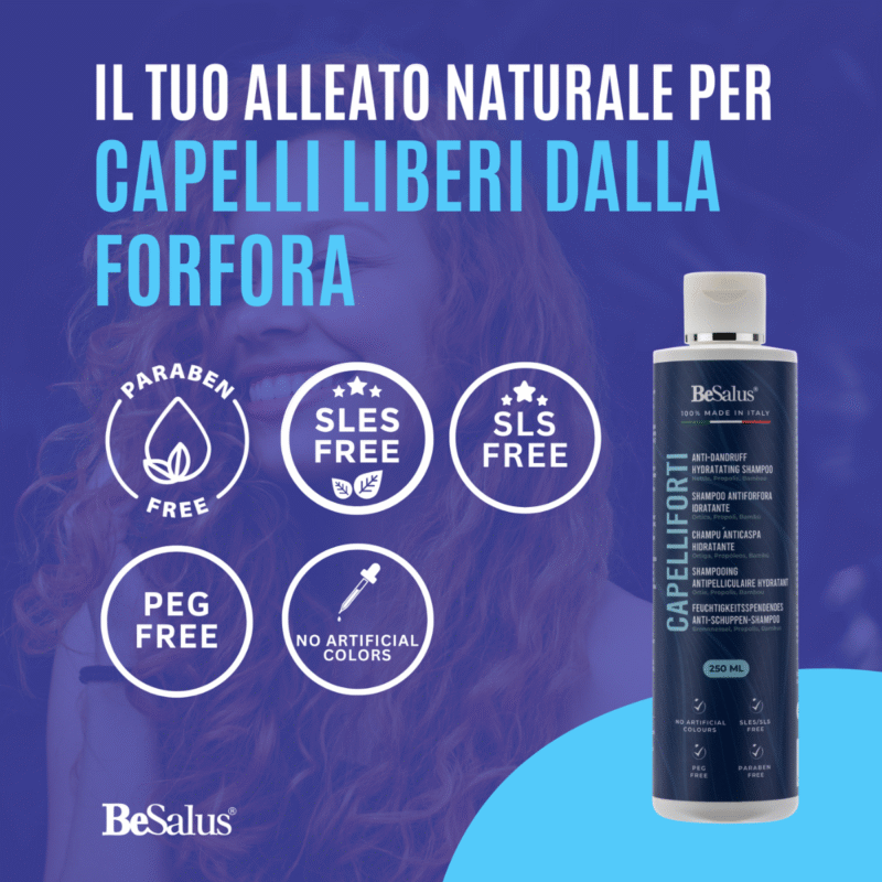 Shampoo antiforfora naturale Besalus CapelliForti, senza parabeni e SLS, per capelli liberi dalla forfora.