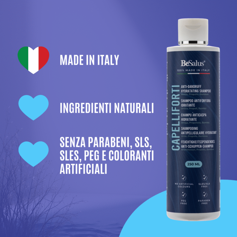 Shampoo antiforfora Besalus Made in Italy, con ingredienti naturali e formula delicata.