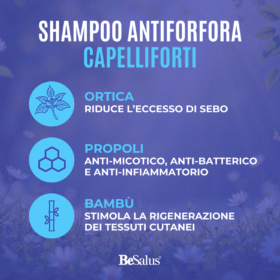 Ingredienti naturali dello shampoo antiforfora Besalus con ortica, propoli e bambù.