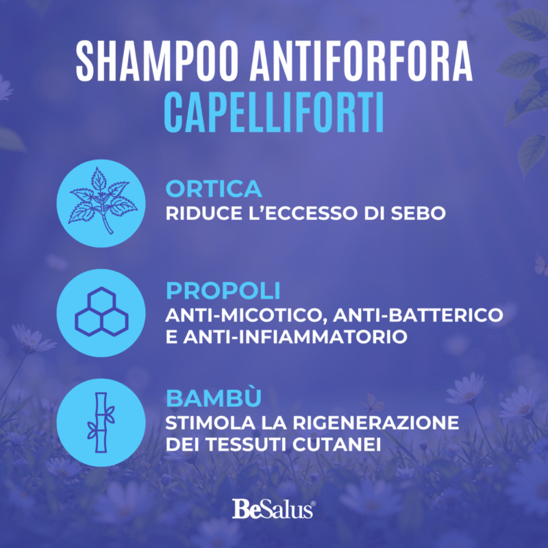 Ingredienti naturali dello shampoo antiforfora Besalus con ortica, propoli e bambù.