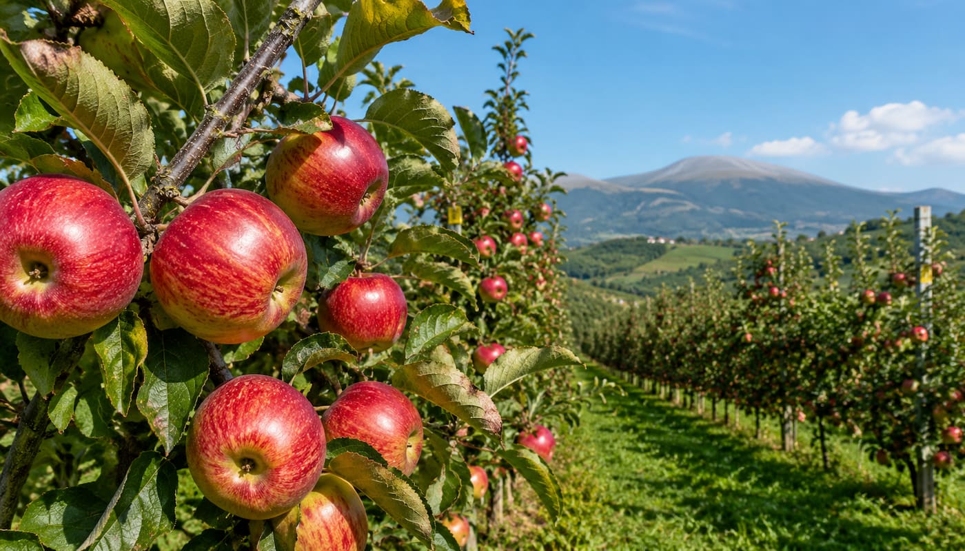 Frutteto con coltivazione di mele annurche italiane mature sugli alberi