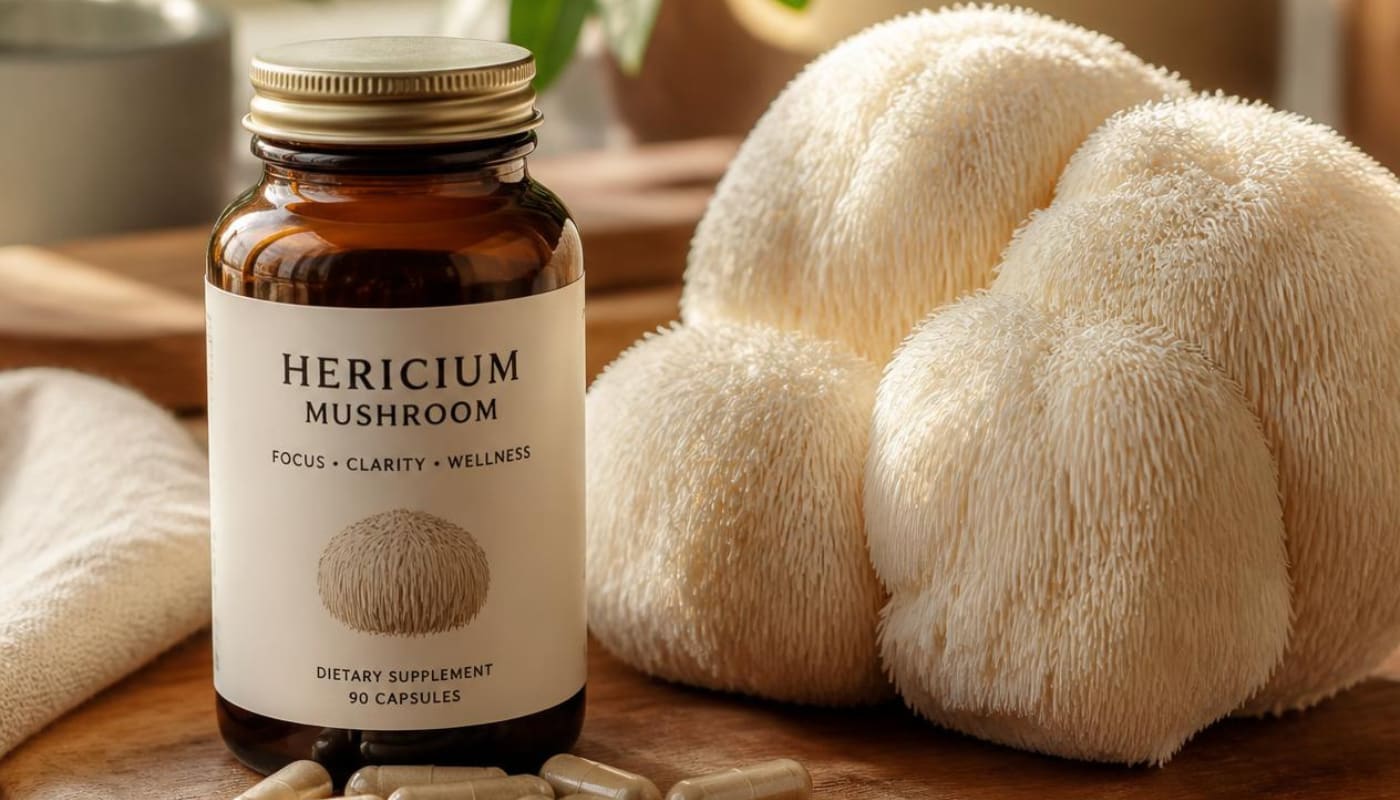 Hericium erinaceus o Lion’s Mane con integratore alimentare in capsule