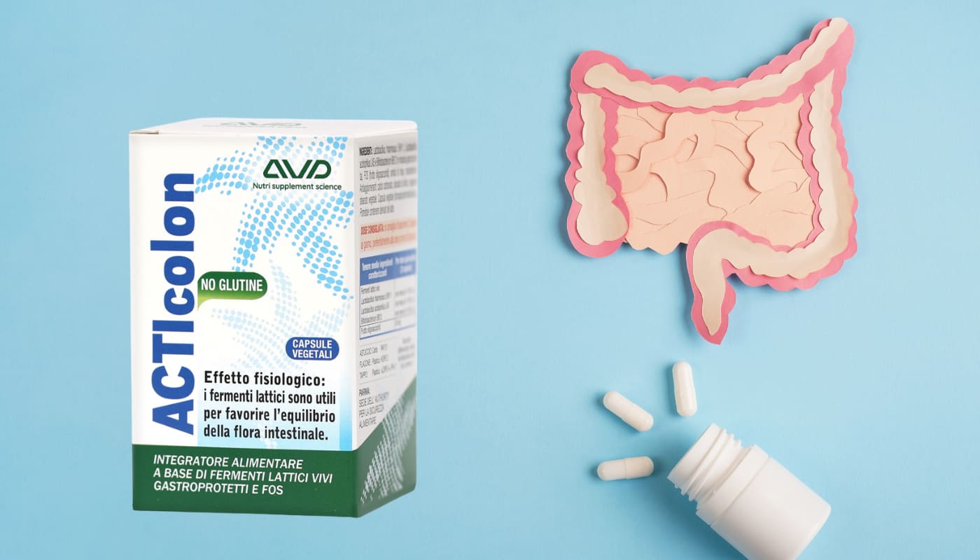 Confezione di Acticolon AVD Reform con capsule e illustrazione dell'intestino