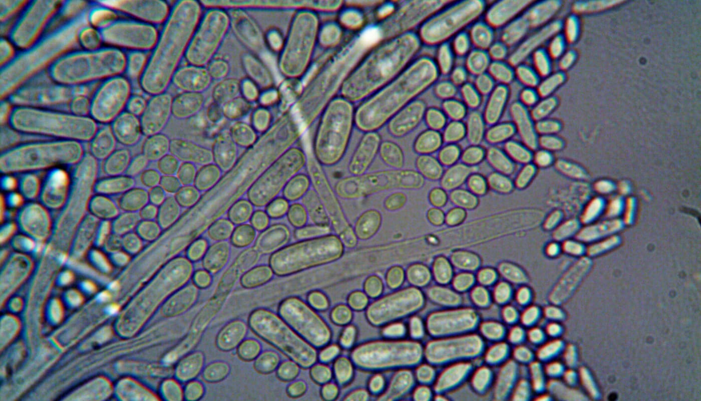 Immagine microscopica di microrganismi con forme allungate e arrotondate